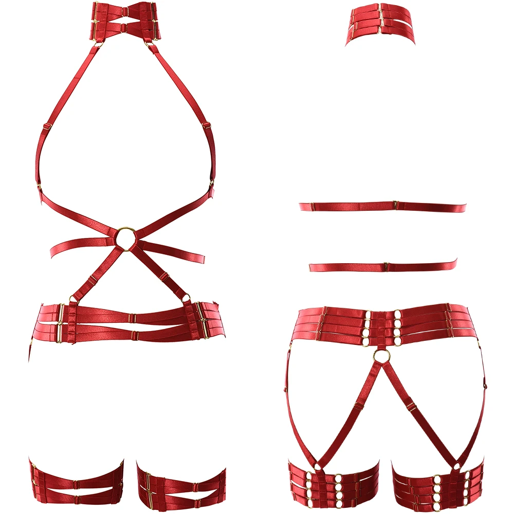 

Women Body Harness Set Red Bondage Full Harness Belt Goth Sexy Lingerie Punk Body Cage Harness Bra Stockings Leg Harness Garter