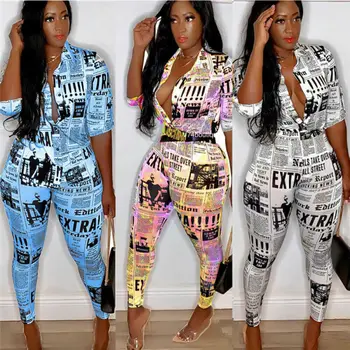 New Spring Autumn Womens 2Pcs Set Tracksuit Half Sleeve V Neck Newspaper Printed T-Shirt Pant S-3XL Tracksuits Streetwear
New Spring Autumn Womens 2Pcs Set Tracksuit Half Sleeve V Neck Newspaper Printed T-Shirt Pant S-3XL Tracksuits Streetwear