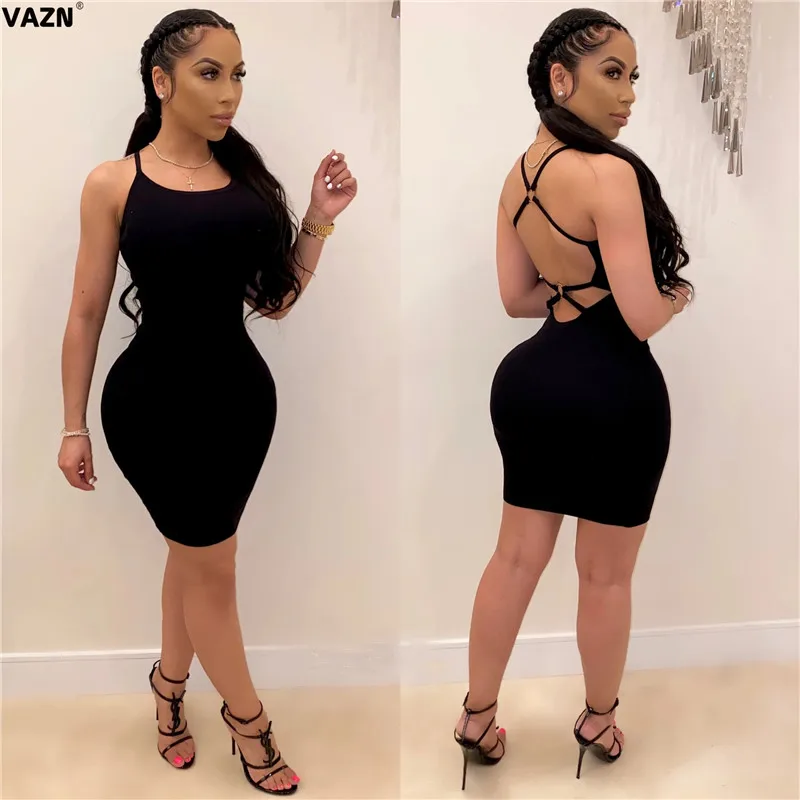 VAZN 2020 Spaghetti Strap Stretchy Package Hip Bodycon Mini Hollow Out Dress Elegant Holiday Young dress Women | Женская одежда