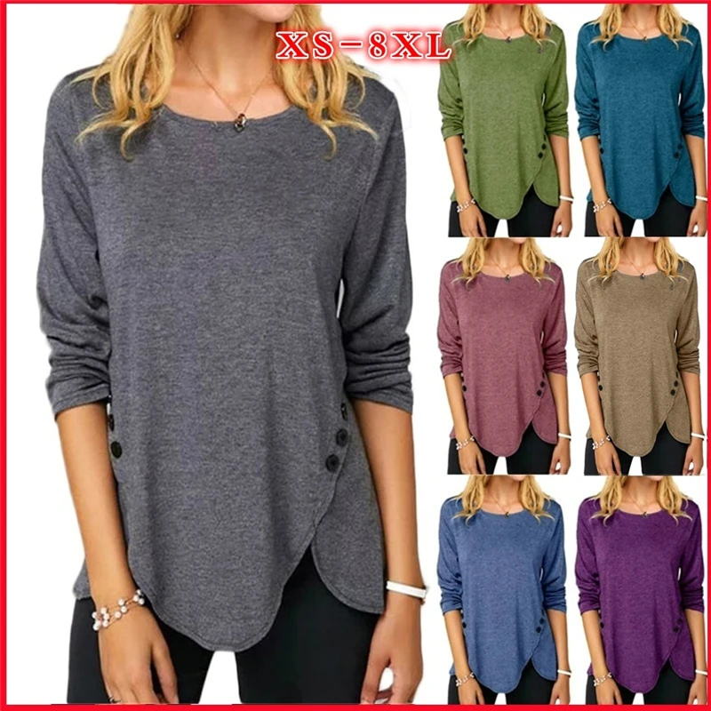 

Women Round Neck Long Sleeves Button T-Shirt Solid Color Loose Cotton Irregular Pullover