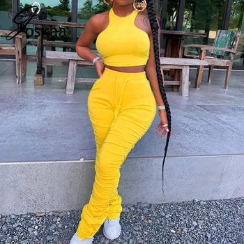 Joskaa autumn new solid Vest Pleated sexy sleeveless stacked leggings and short tops Sports Suit Nightclub Female two-piece set 
Joskaa autumn new solid Vest Pleated sexy sleeveless stacked leggings and short tops Sports Suit Nightclub Female two-piece set