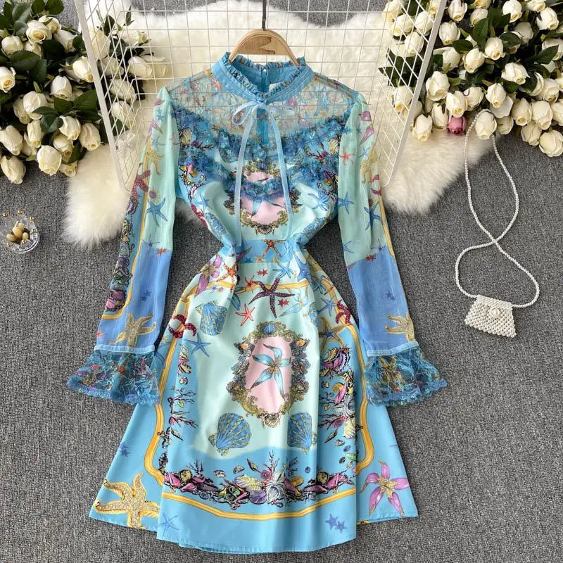 

Elegant Fashion Sweet Printed Splicing Flare Sleeve Dress New Autumn Women Blue Lace Party Dresses