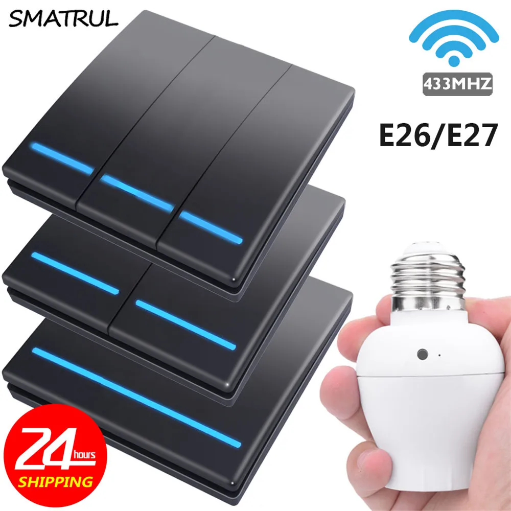 

SMATRUL 1/2/3 gang smart push Wireless Switch Light bulb E26 E27 Lamp holder 433Mhz RF Remote Control Wall Panel home 110V 220V