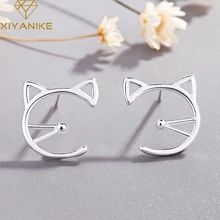 XIYANIKE 925 Plata de Ley nuevo gato hueco Simple previene los pendientes del perno prisionero de la alergia para las mujeres boda pequeños aros de La Oreja joyería(China)