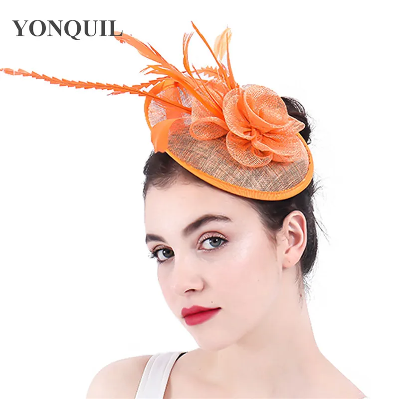 

Orange Sinamay Wedding Ladies Fascinator Hats Elegant Formal Church Fedora Floral Nice Headpiece For Party Tea Race Hair Clip