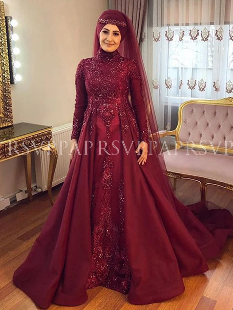 Elegant High Neck Beaded Applique Women Formal Gowns Burgundy Dubai Muslim Long Evening Dresses 2020
Elegant High Neck Beaded Applique Women Formal Gowns Burgundy Dubai Muslim Long Evening Dresses 2020