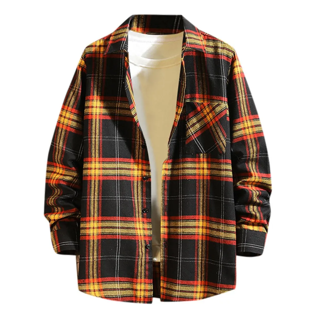 Мужская зимняя клетчатая куртка на пуговицах с отложным воротником повседневный