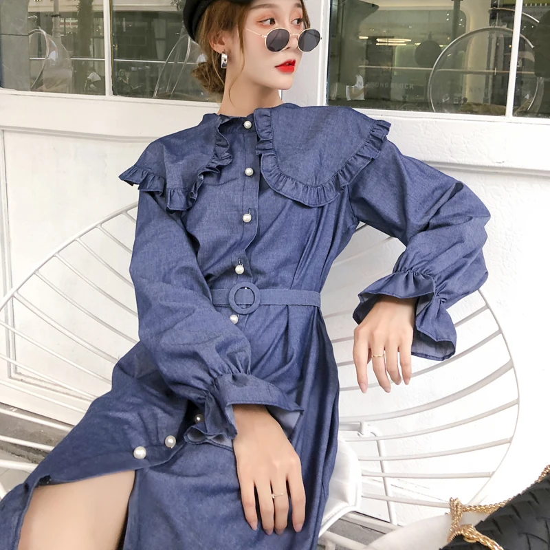 Korean runway cute womens denim dress peter pan collar pearl button belted autumn long shirt dresse princess jean dress women
Korean runway cute womens denim dress peter pan collar pearl button belted autumn long shirt dresse princess jean dress women