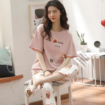 Summer Tender Turn-down Collar short sleeve Full Pajamas Set Loose pijamas women Thin Sleepwear 2Pcs Trousers peach Home Clothes 
Summer Tender Turn-down Collar short sleeve Full Pajamas Set Loose pijamas women Thin Sleepwear 2Pcs Trousers peach Home Clothes