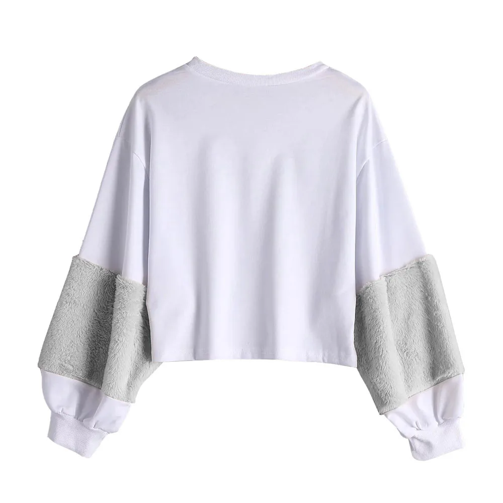JAYCOSIN Fashion Women Casual Simple White Plush Sleeves Loose Sweatshirt European Comfortable Soft Pullover Top Blouse
