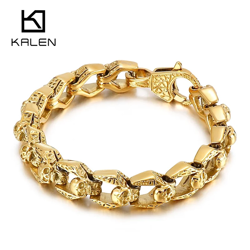 

Kalen 13mm Gold/Black Color Skull Combination Bracelet Stainless Steel Men's Bracelet Jewelry