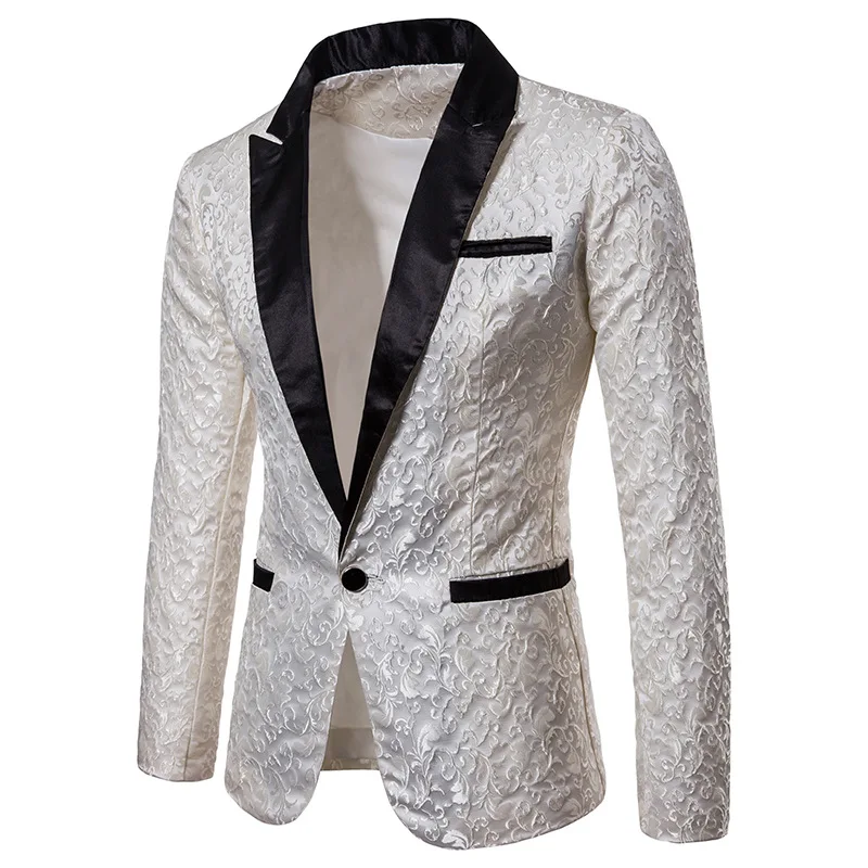 

Men Luxury Jacquard Floral Suit Jacket Blazer Wedding Prom Party Tuxedo Dress Blazer Men Stage Singer Prom Single Button Blazers