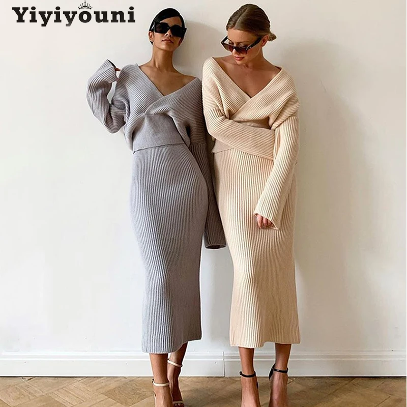 Yiyiyouni V-Neck Sweater and Skirt Knitted Two Piece Set Women Sexy Split Wrapped Skirt and Cropped Top Set Women Autumn Suits
Yiyiyouni V-Neck Sweater and Skirt Knitted Two Piece Set Women Sexy Split Wrapped Skirt and Cropped Top Set Women Autumn Suits