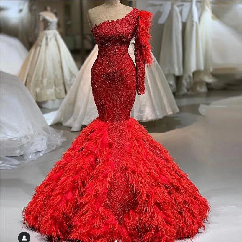 Real Picture Red Feather Beaded Mermaid Wedding Gowns One Shoulder Luxury Crystal Lace Prom Gowns Vintage Formal Dresses
Real Picture Red Feather Beaded Mermaid Wedding Gowns One Shoulder Luxury Crystal Lace Prom Gowns Vintage Formal Dresses