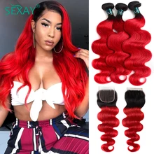 

Sexay Red Body Wave Hair Bundles With Closure 10A Peruvian Remy Human Hair Weave Extensions 1B Red Ombre Bundles With Closure