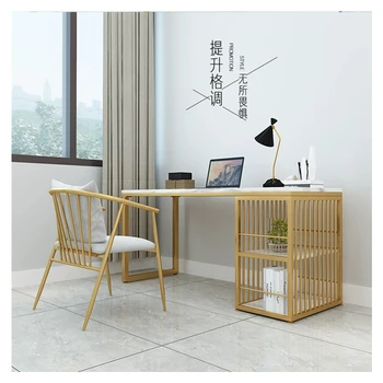 Light luxury desk dinning table and chairs with golden color marble look countertop
