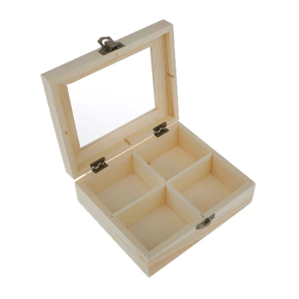 Natural 4 Grids Unpainted Wood Jewelry Storage Box Chest Case With Glass Lid Natural 4 Grids Unpainted Wood Jewelry Storage Box Chest Case With Glass Lid