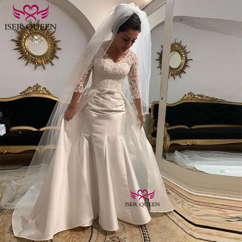 Three Quarter Sleeves Embroidered Lace on Net Detachable Wedding Dresses with Sashes Lustrous Satin Vestido De Noiva W0638
Three Quarter Sleeves Embroidered Lace on Net Detachable Wedding Dresses with Sashes Lustrous Satin Vestido De Noiva W0638