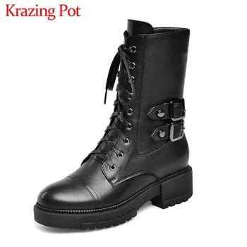 Krazing Pot European style belt buckle genuine leather boots med heels round toe women winter lace up solid mid-calf boots L66
Krazing Pot European style belt buckle genuine leather boots med heels round toe women winter lace up solid mid-calf boots L66