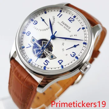 PARNIS 43mm mechanical men watch white dial power reserve date indicator leather band solid backcover
PARNIS 43mm mechanical men watch white dial power reserve date indicator leather band solid backcover
