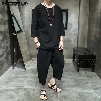 INCERUN Vintage Chinese Style Suits 3/4 Sleeve V Neck Blouse Casual Cropped Pants Men Leisure Solid Cotton Sets Buttons 2 Pieces
INCERUN Vintage Chinese Style Suits 3/4 Sleeve V Neck Blouse Casual Cropped Pants Men Leisure Solid Cotton Sets Buttons 2 Pieces
