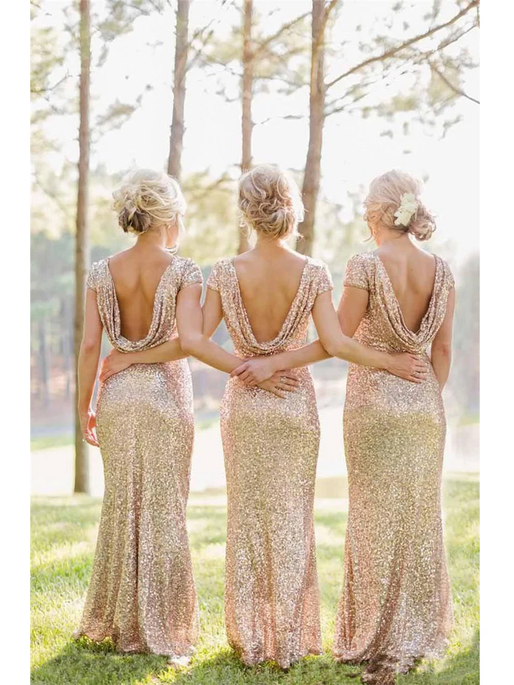 Rose Gold 2020 Cheap Mermaid Bridesmaid Dresses Short Sleeves Backless Long Beach Sequins Wedding Party Maid of Honor Dress (4)