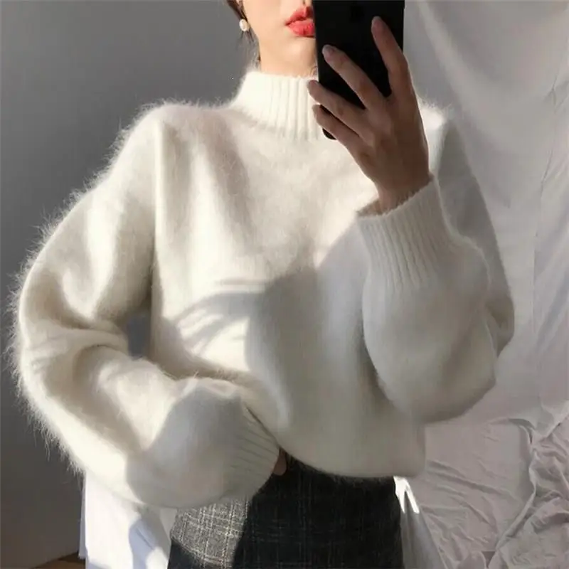 Korean Mink Cashmere Oversized Sweaters Elegant Solid Hairy Knitted Pullovers Casual Harajuku Loose Turtleneck 2019 | Женская одежда