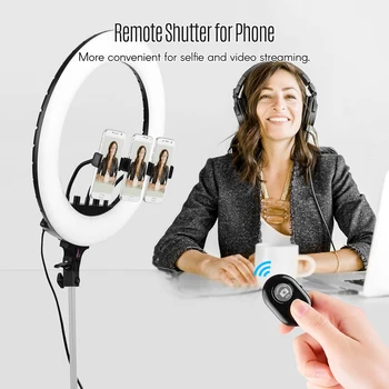 18inch Video LED Ring Light Dimmable 3000-7000K Remote Control with 3 Phone Clamps Phone Remote Shutter for Studio Photography
18inch Video LED Ring Light Dimmable 3000-7000K Remote Control with 3 Phone Clamps Phone Remote Shutter for Studio Photography
