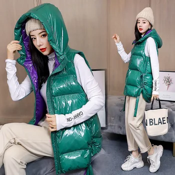 Top quality Winter vest women Glossy slim Bright solid zipper hooded waistcoat vest Autumn sleeveless BY251 
Top quality Winter vest women Glossy slim Bright solid zipper hooded waistcoat vest Autumn sleeveless BY251