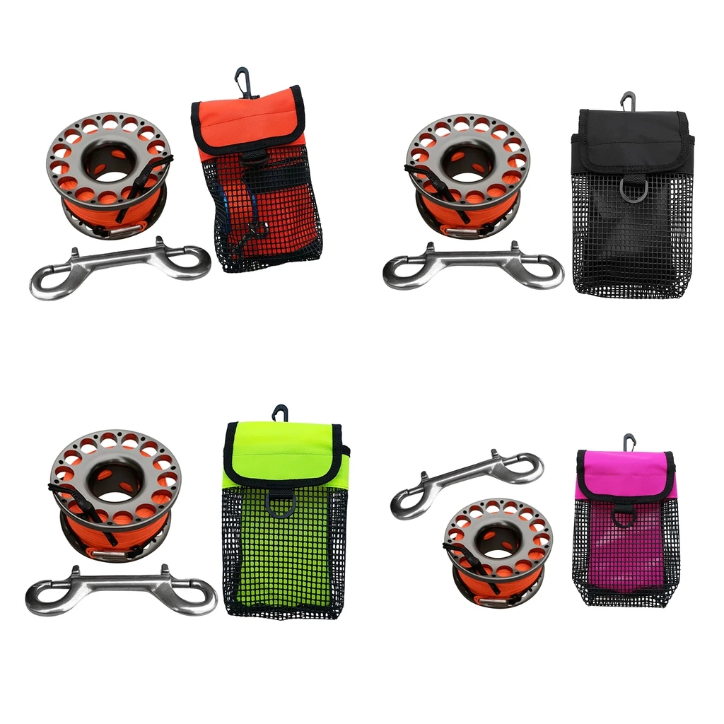 Scuba Diving Finger Spool Reel with 30m Guide Line Ended Bolt Clip + SMB Reel Surface Marker Buoy Holder Carry Mesh Bag Pocket Scuba Diving Finger Spool Reel with 30m Guide Line Ended Bolt Clip + SMB Reel Surface Marker Buoy Holder Carry Mesh Bag Pocket