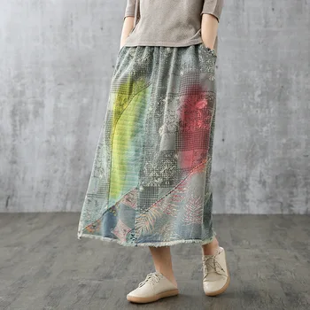 Vintage print denim skirt elastic waist A line double pockets casual skirts
Vintage print denim skirt elastic waist A line double pockets casual skirts