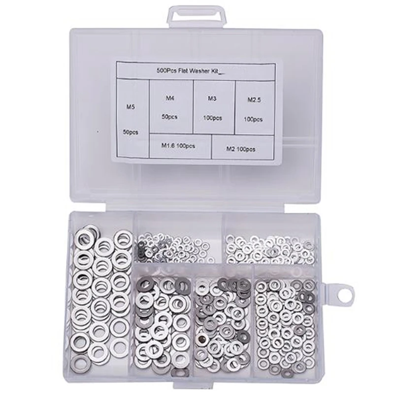 500Pcs/Set M1.6 M2 M2.5 M3 M3.5 M4 M5 Stainless Steel Flat Washer Plain Washer Gaskets Assortment Kit
500Pcs/Set M1.6 M2 M2.5 M3 M3.5 M4 M5 Stainless Steel Flat Washer Plain Washer Gaskets Assortment Kit