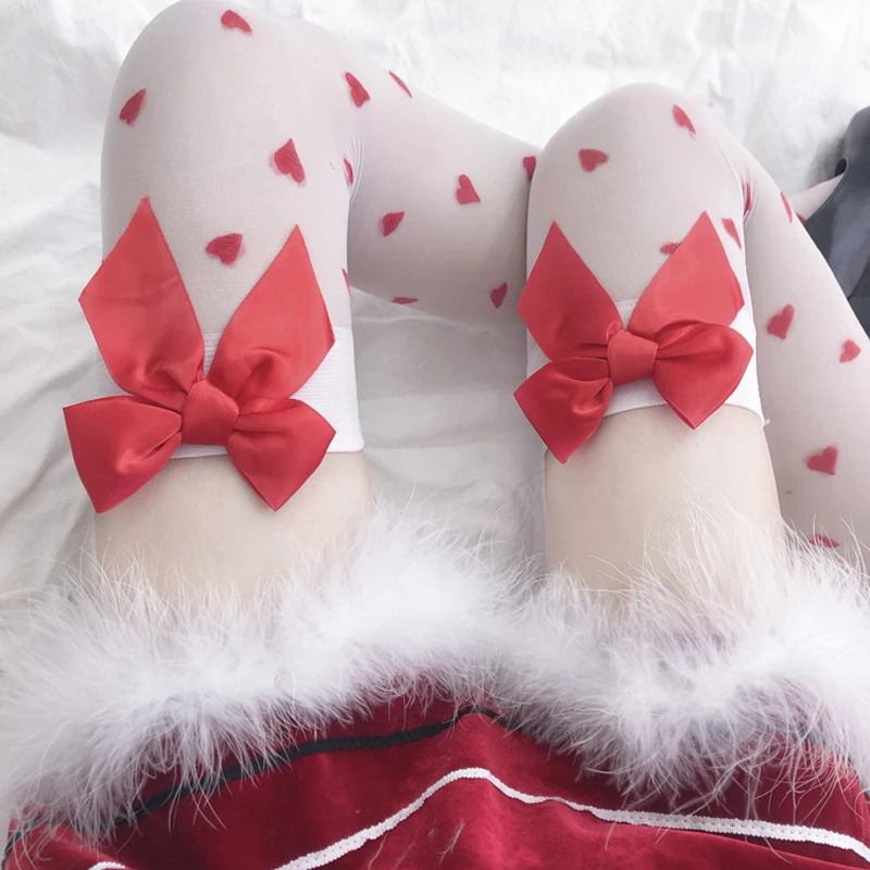 2020 Cute Small Heart Transparent Stockings Pure Lovely Red Bow Over Knee White Tigh High Sexy Suspender Tube Silk Stocking 2020 Cute Small Heart Transparent Stockings Pure Lovely Red Bow Over Knee White Tigh High Sexy Suspender Tube Silk Stocking