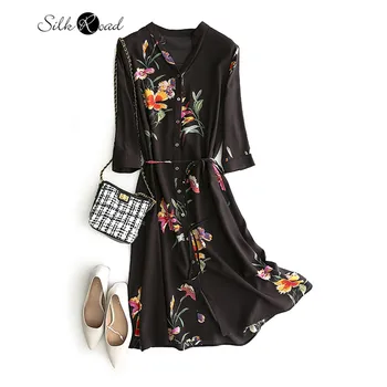 Silviye Temperament V-neck Decor spring silk dress women mulberry silk French slim A-line shirt dress blusas mujer de moda 202 
Silviye Temperament V-neck Decor spring silk dress women mulberry silk French slim A-line shirt dress blusas mujer de moda 202