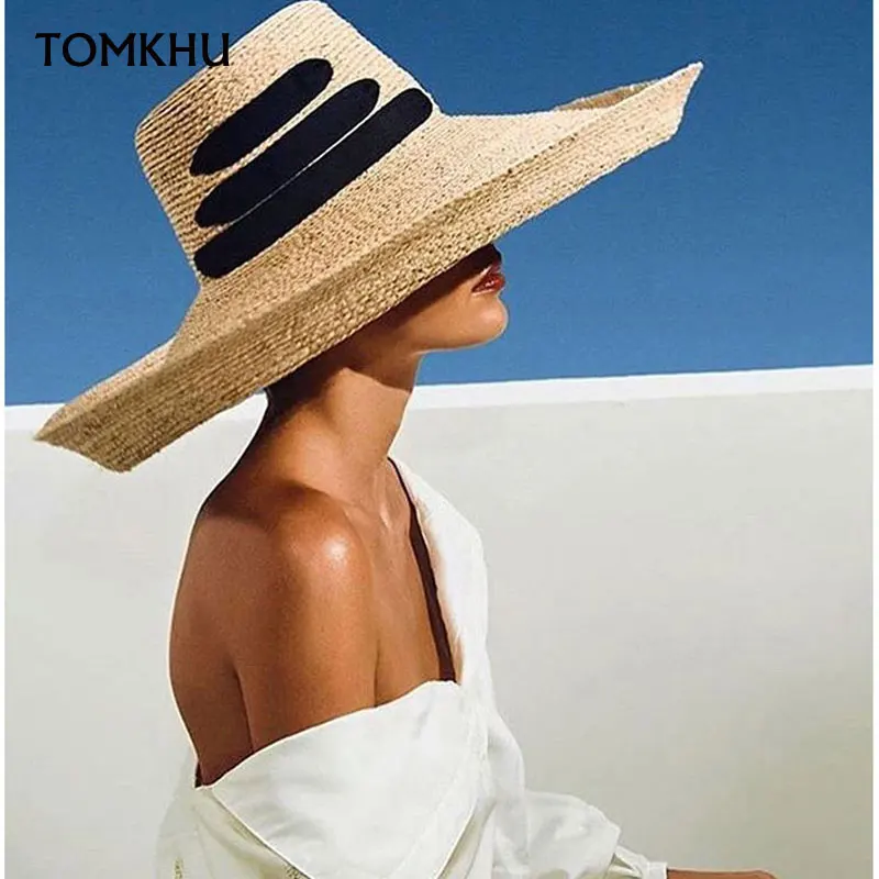 

2020 New Fashion Black Bandage Ribbon Ladies Raffia Hat Roll Up Kentucky Derby Sun Hat Large Wide Brim Summer Beach Straw Cap