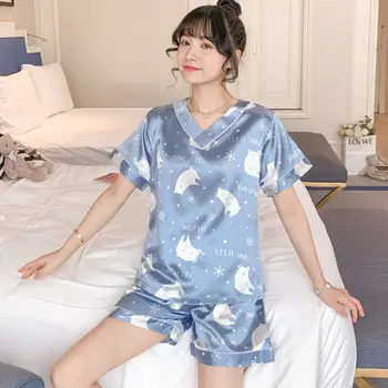Women Faux Silk Pajamas Set Simple Leisure Nightwear Short Sleeves Sleepwear 2020 New Spring Summer
Women Faux Silk Pajamas Set Simple Leisure Nightwear Short Sleeves Sleepwear 2020 New Spring Summer