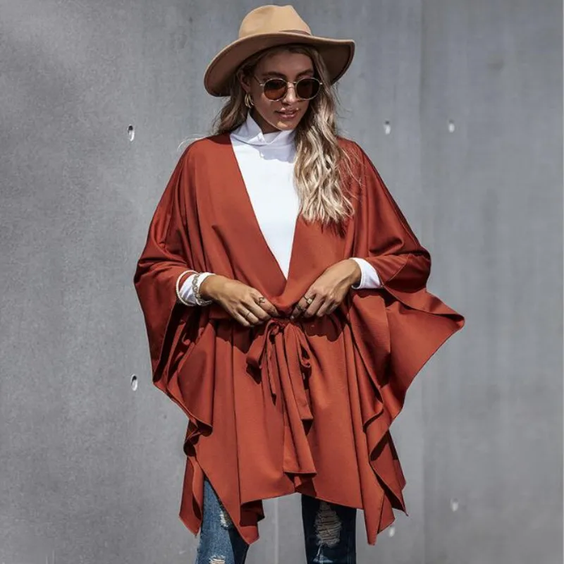 

2020 Autumn New European Style Women's Coat Loose Bat Sleeve Cardigan Lace-up Caped Coat