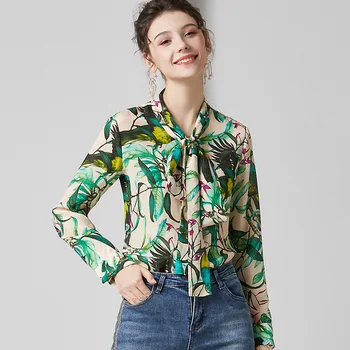 Chinese Style Green Bird Print Pure Silk Blouses Bow Ribbon Long Sleeve Women Shirt Elegant Ladies Tops Casual High Quality za
Chinese Style Green Bird Print Pure Silk Blouses Bow Ribbon Long Sleeve Women Shirt Elegant Ladies Tops Casual High Quality za