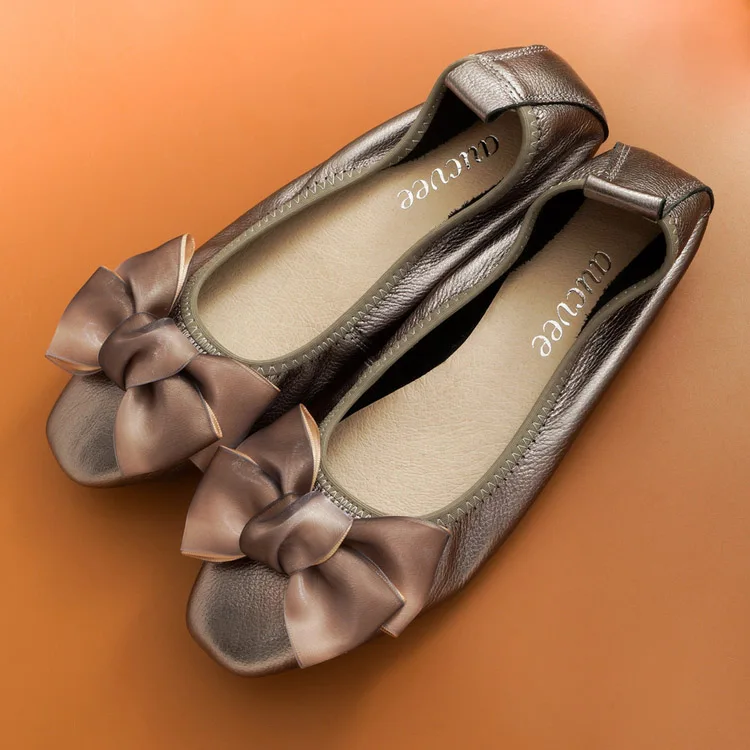 Women Ballet Flats Plus Size 34-43 Cow Leather Loafers Woman Shoes 2018 Spring Sweet Bow Slip On Black Ballerina Shoes For Women (26)