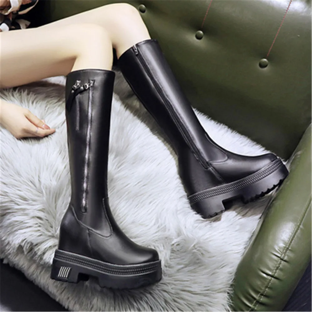

Winter Warm Chunky Platform Long Boots Women Fashion Side Zip PU Leather Knee High Boots Female Height Increasing Botas Eu 34-39