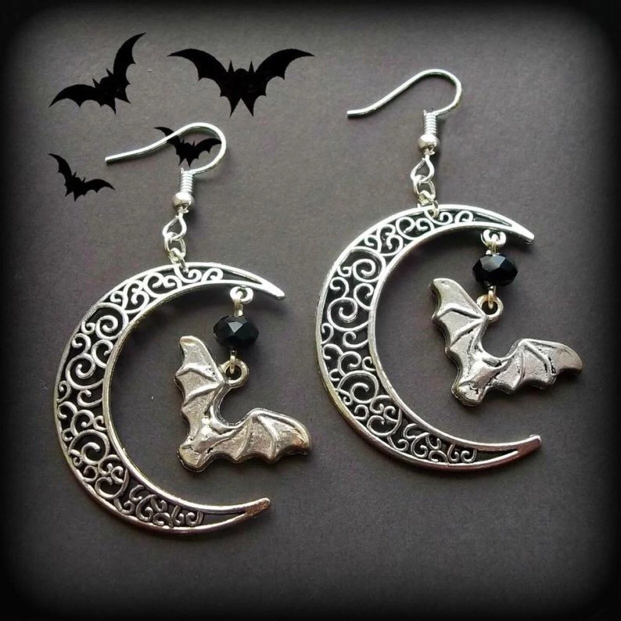 

Flying Bat & Crescent Moon Earrings,Hollow Moon Earrings, Gothic Vampire Bat Earrings, Halloween Earrings,Witch Jewellery