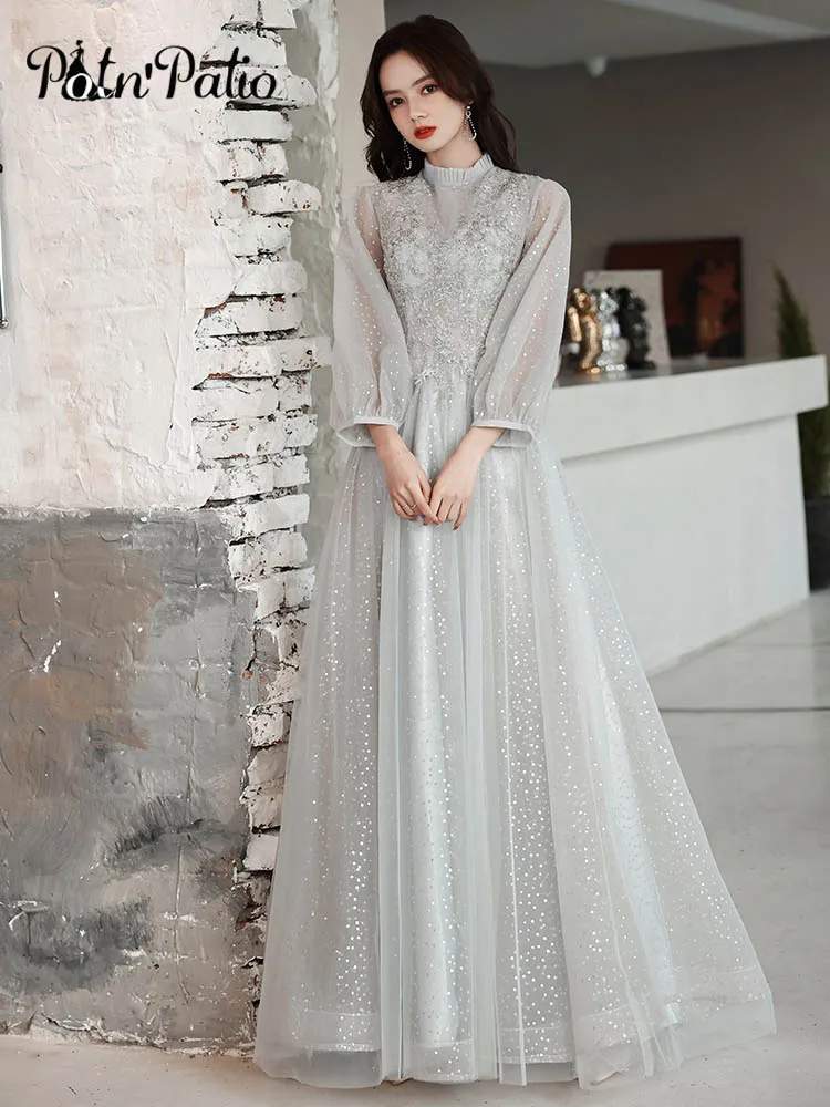 Gray Long Prom Dresses 2021 Elegant High Neck A-line Floor-length Appliques Sequined Tulle Women Formal Evening Gowns
Gray Long Prom Dresses 2021 Elegant High Neck A-line Floor-length Appliques Sequined Tulle Women Formal Evening Gowns
