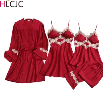 4 Pieces Pajamas Set For Womens Sleepwear Bathrobe Nightdress Tops Long Pants Ice Silk Satin Robe Sexy Lace Pyjamas With Chest
4 Pieces Pajamas Set For Womens Sleepwear Bathrobe Nightdress Tops Long Pants Ice Silk Satin Robe Sexy Lace Pyjamas With Chest