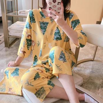 Spring Summer Stylish Pajama Sets For Women Short Sleeve Cropped Trousers 2 Pcs Pyjamas Loose Female Pijama Night Sleepwear
Spring Summer Stylish Pajama Sets For Women Short Sleeve Cropped Trousers 2 Pcs Pyjamas Loose Female Pijama Night Sleepwear