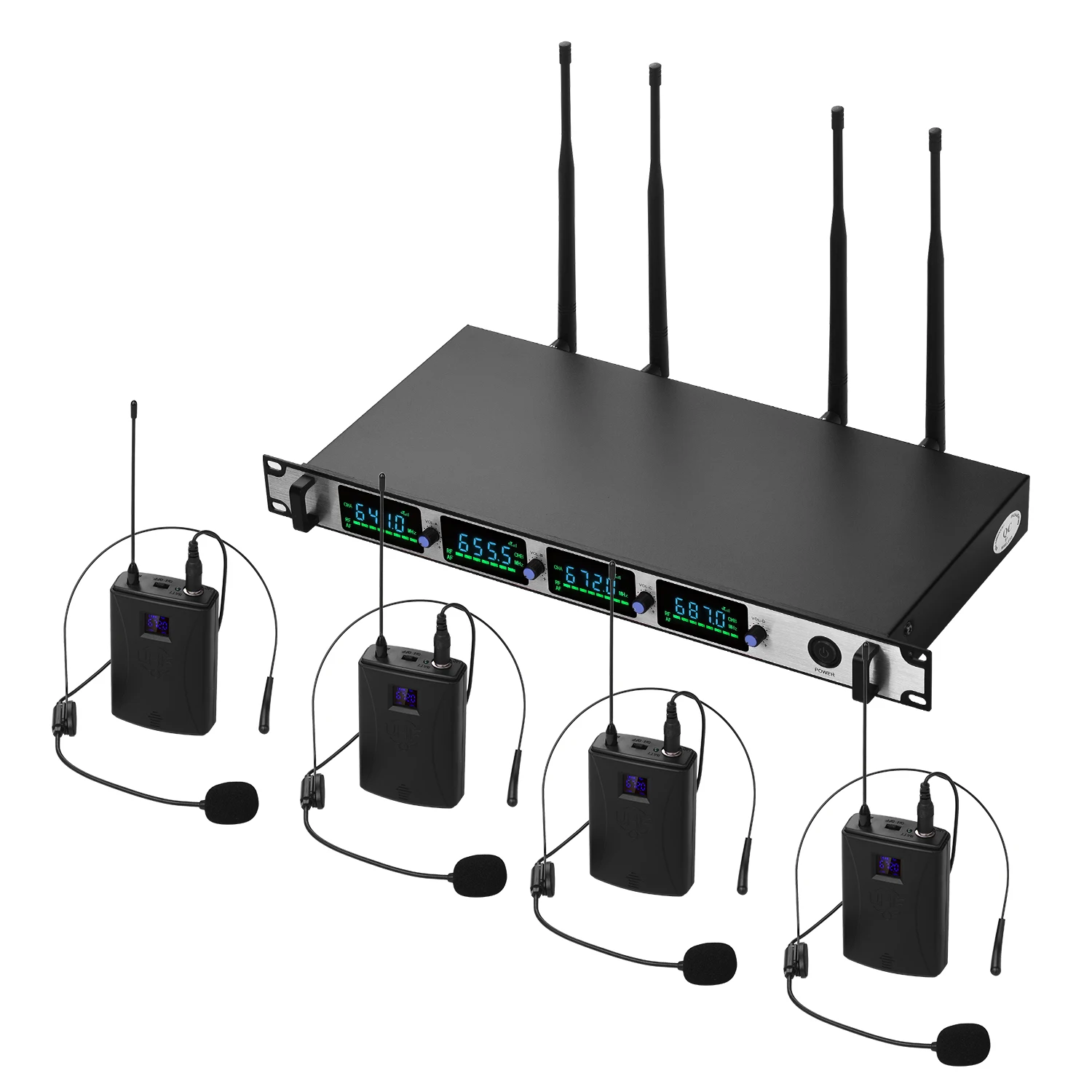 Professional Wireless Microphone System 4-Channel UHF Cordless Mic Set Including 4 Headset Mics with Bodypack Transmitter
Professional Wireless Microphone System 4-Channel UHF Cordless Mic Set Including 4 Headset Mics with Bodypack Transmitter