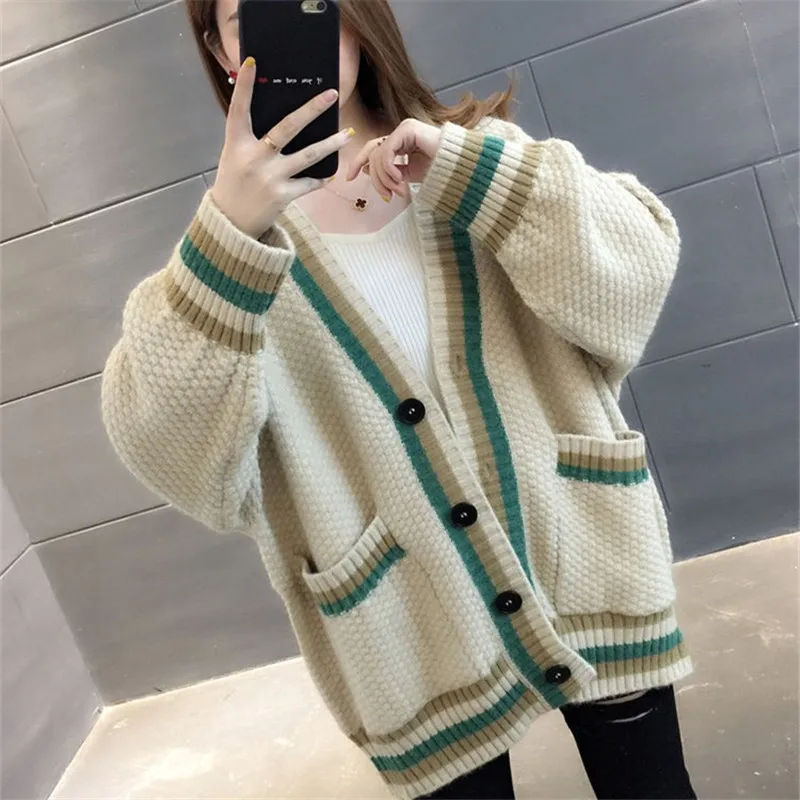 

Fashion Patchwork Knitted Sweater Women 4 Color Tops Korean Loose Big Pocket Long Sleeve Knitting Cardigan Jacket Coat Female