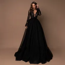 

Elegant Black Plunging V-Neck Evening Dresses Long Sleeves Illusion Lace Bodice A-Line Velvet Sashes Prom Party Gowns Vestidos