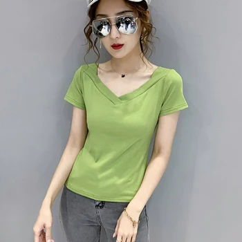 Cotton Short sleeve T-shirts high quality Women Tops 2020 V-neck Tshirt fashion Slim white casual Tee shirt Female T shirt femme
Cotton Short sleeve T-shirts high quality Women Tops 2020 V-neck Tshirt fashion Slim white casual Tee shirt Female T shirt femme