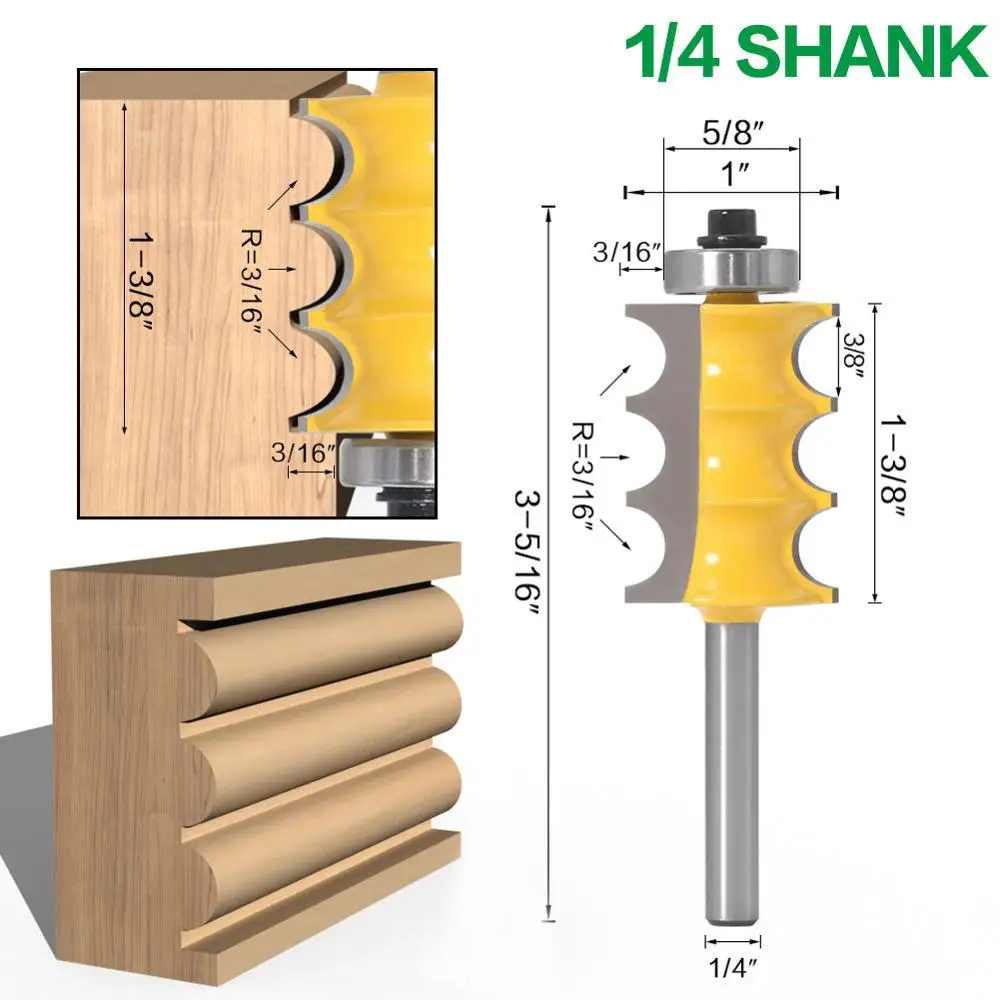 1/4" (6.35mm) Shank Triple Beading Router Bit with Bearing Cutting Length-1-3/8" Radius-3/16" Wood Milling Cutter |