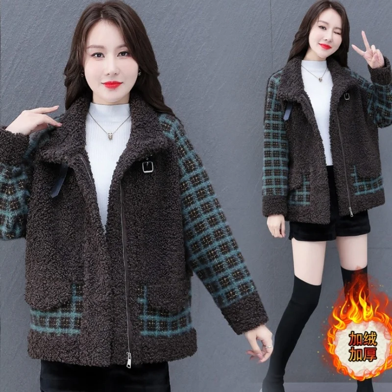 

Fashion Splicing Lamb Wool Coat Women's Autumn Winter 2023 New Thick Lattice Woolen Coat Loose Casual Short Outwear Female
